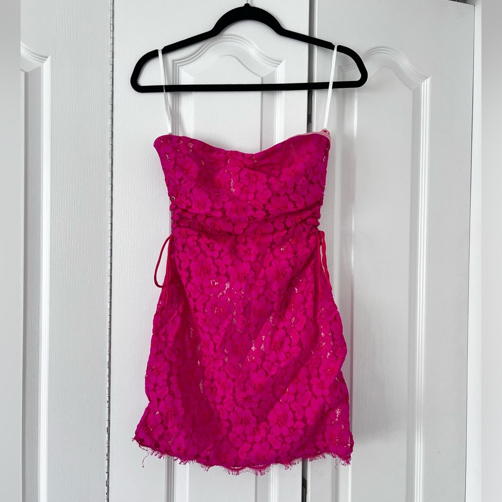Pink Lace Mini Strapless Dress